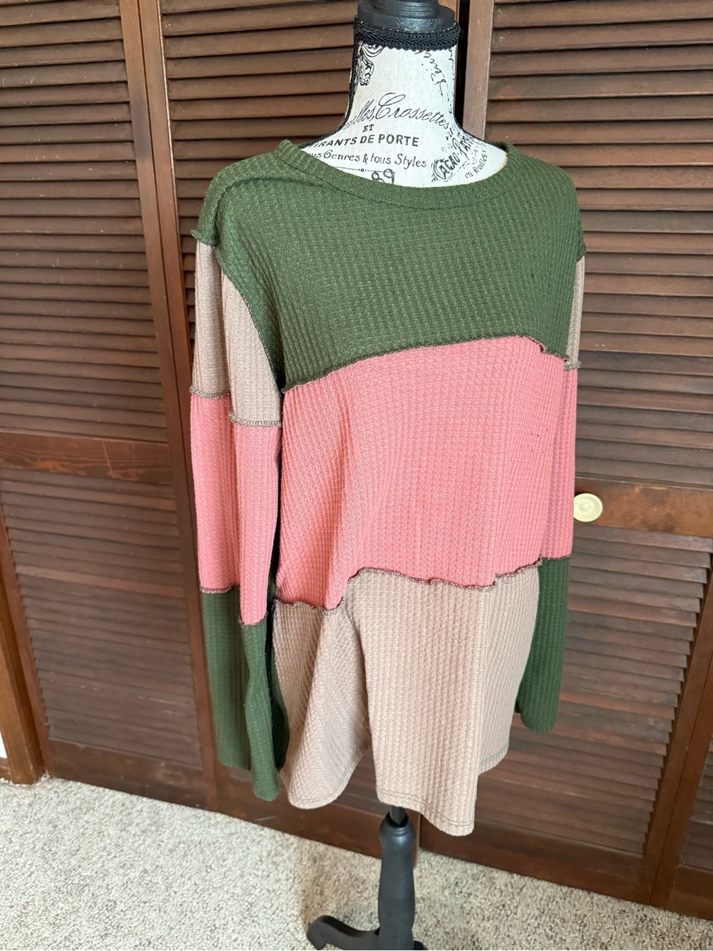 Heimish USA 2X Color Block Waffle Knit Top Olive Pink Taupe